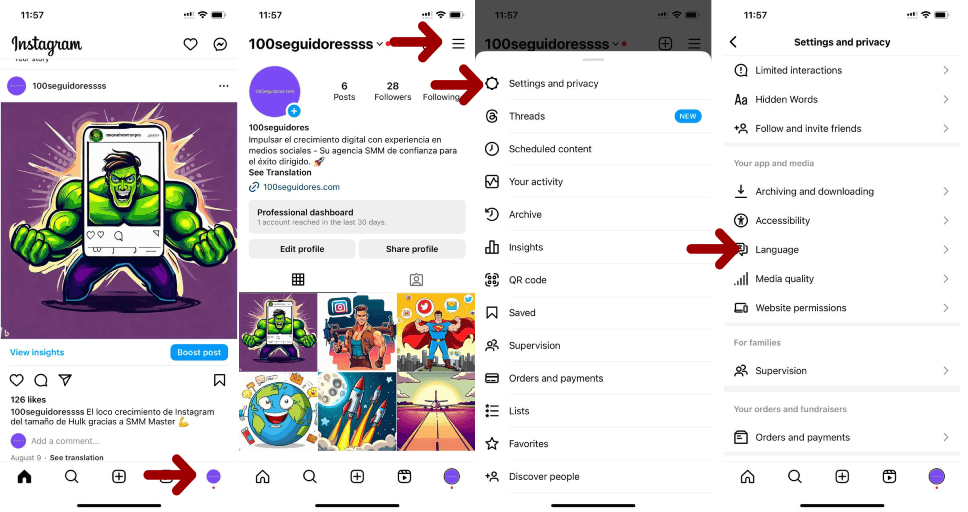 Cómo ajustar el idioma en Instagram